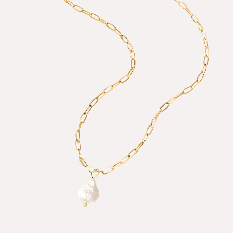 Gold Paperclip Necklace with Pearl Pendant