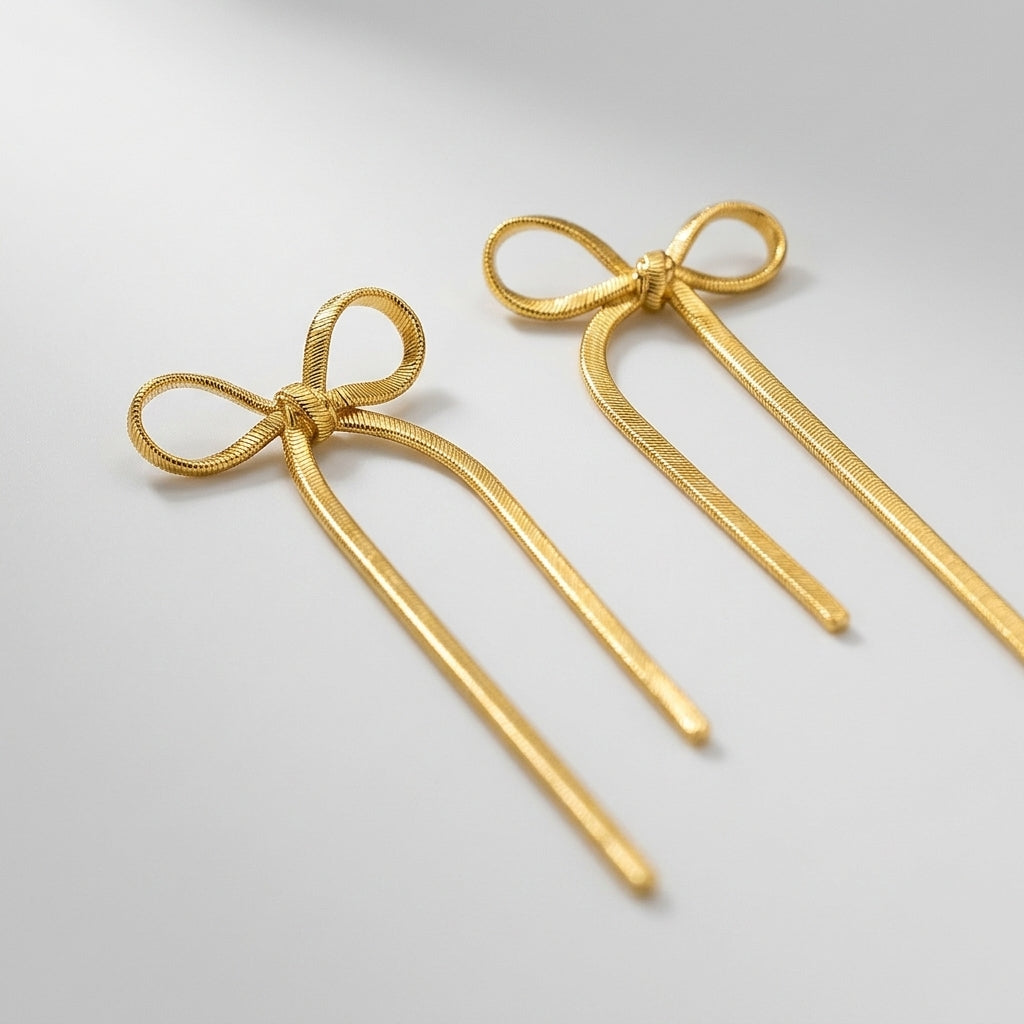 Gold Bow Ribbon Drop Earrings