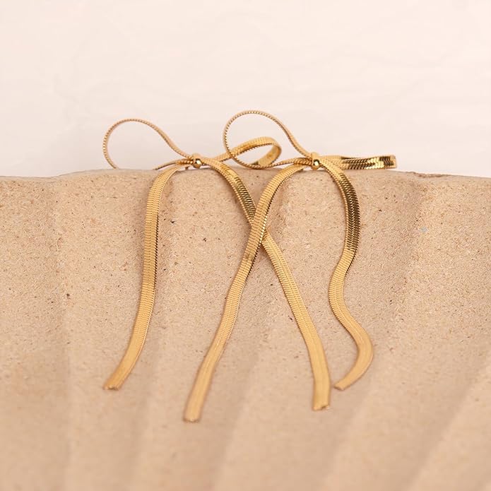 Gold Bow Ribbon Drop Earrings