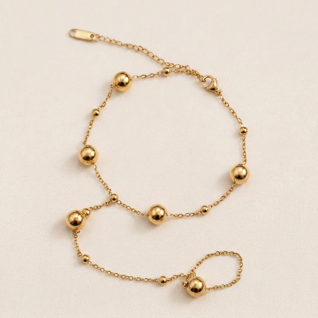 Gold Beaded Hand Chain Bracelet