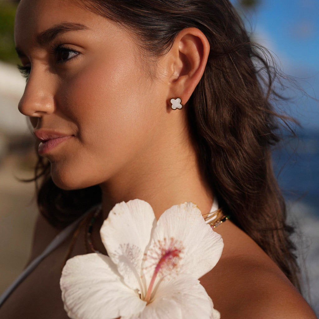 Gold White Clover Stud Earrings