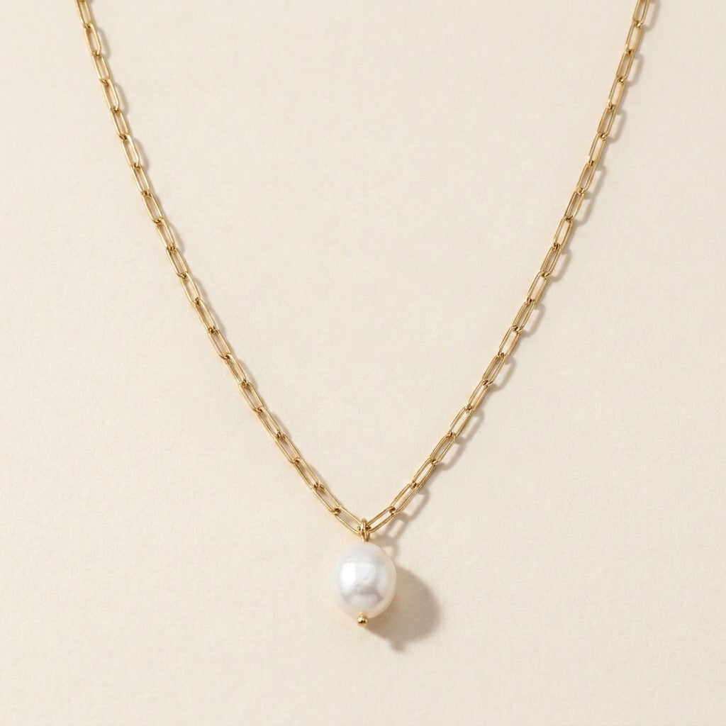 Gold Paperclip Necklace with Pearl Pendant