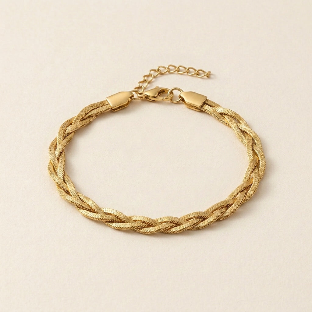Gold Braided Herringbone Chain Bracelet