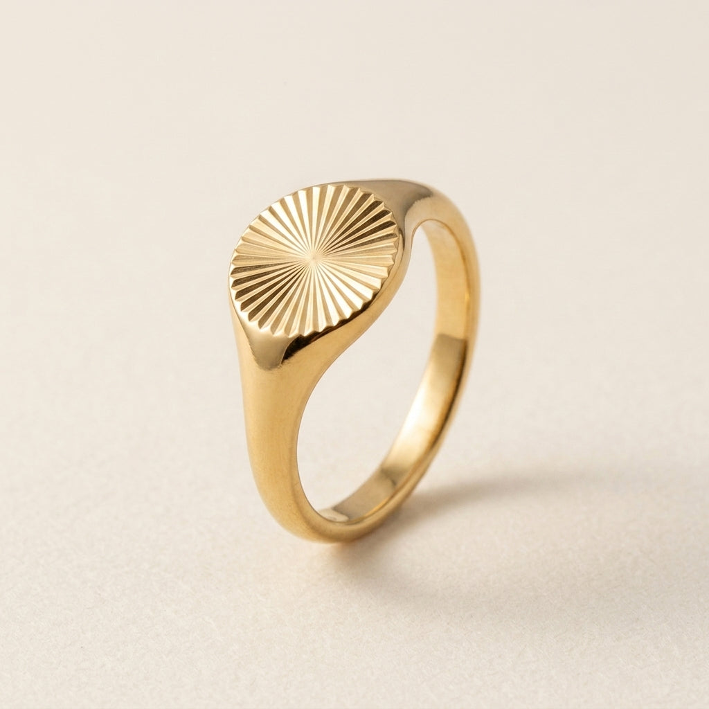 Gold Sunburst Round Signet Ring