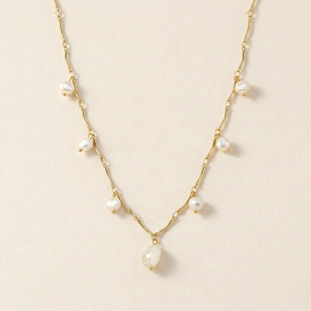 Gold Dangling Pearl Drop Necklace