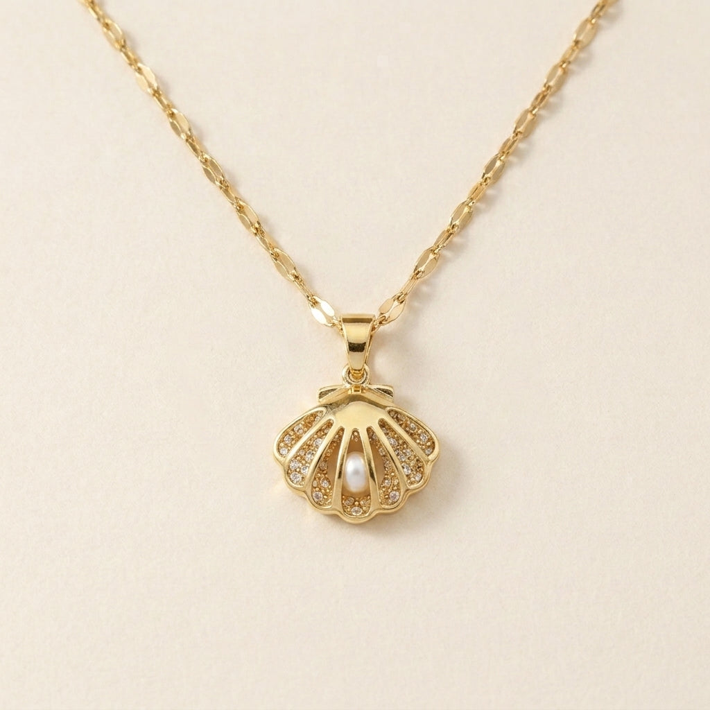 Gold Seashell Pearl Pendant Necklace