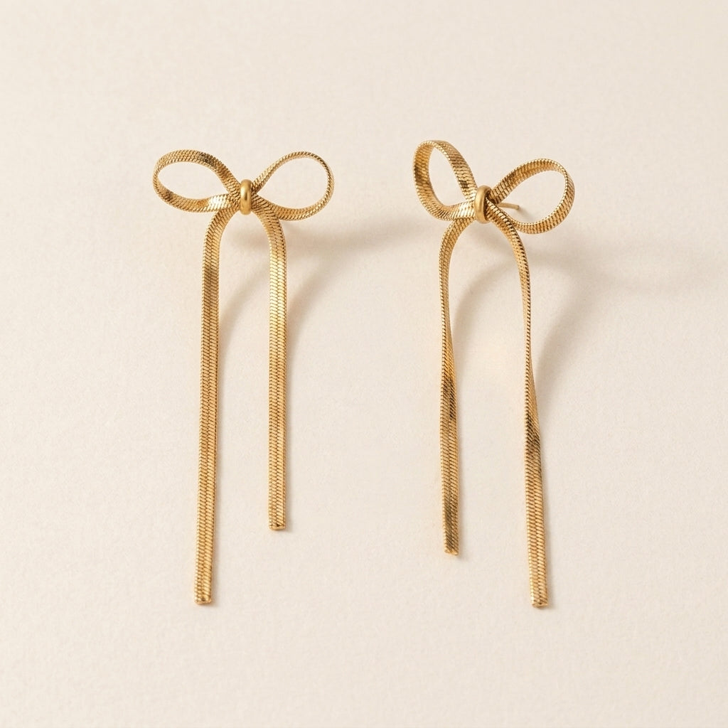 Gold Bow Ribbon Drop Earrings