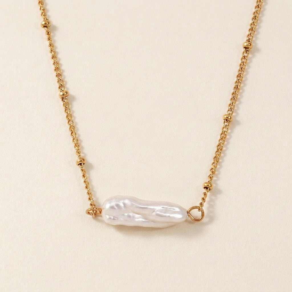 Gold Beaded Chain Baroque Pearl Necklace