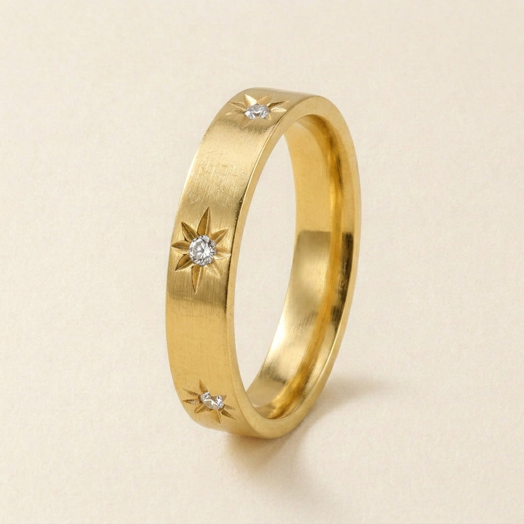 Gold Starburst Crystal Band Ring