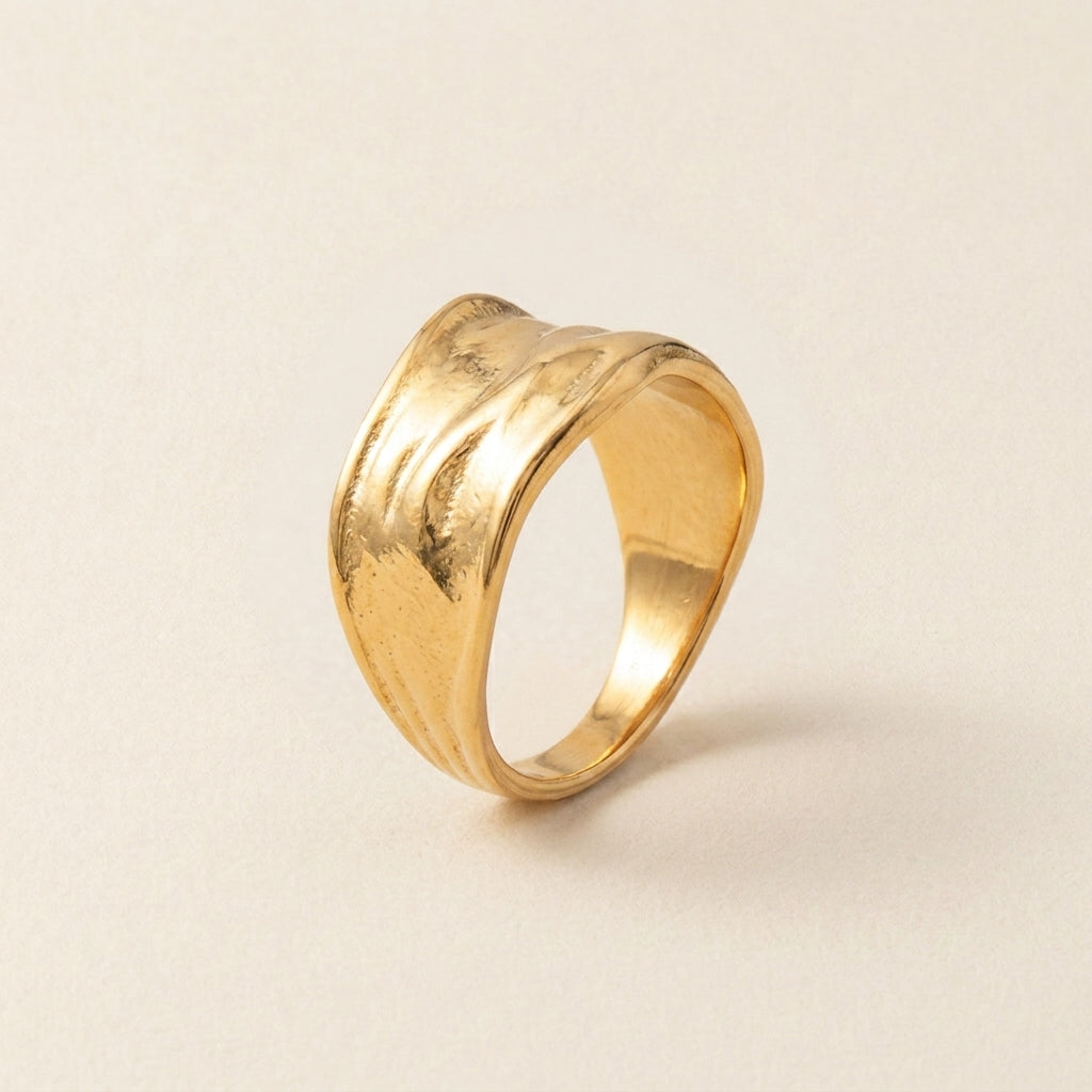 Gold Textured Wave Wide Band Ring