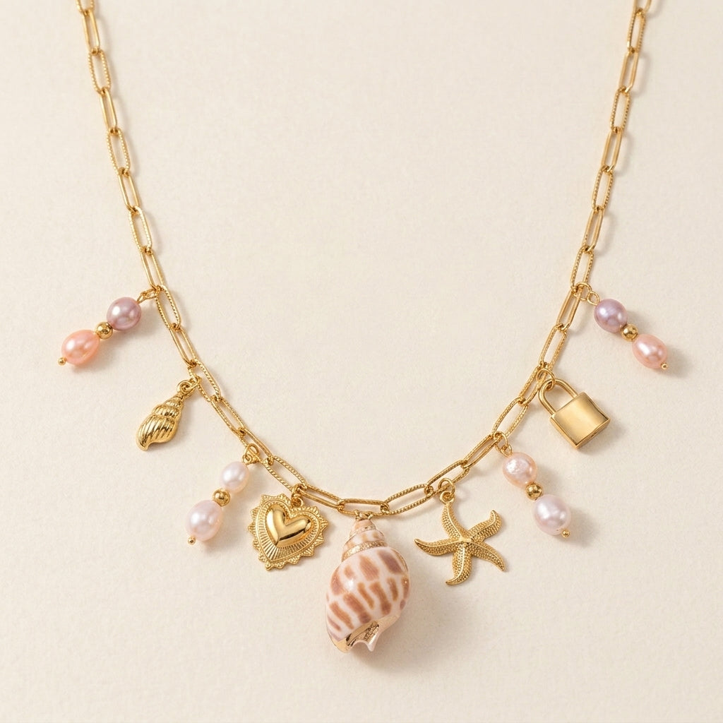 Gold Seashell Pearl Charm Necklace