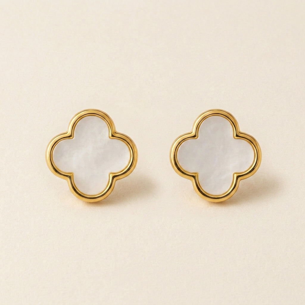 Gold White Clover Stud Earrings