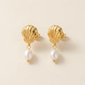Gold Shell Pearl Drop Earrings