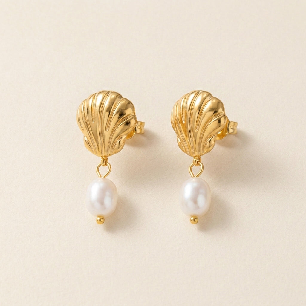 Gold Shell Pearl Drop Earrings