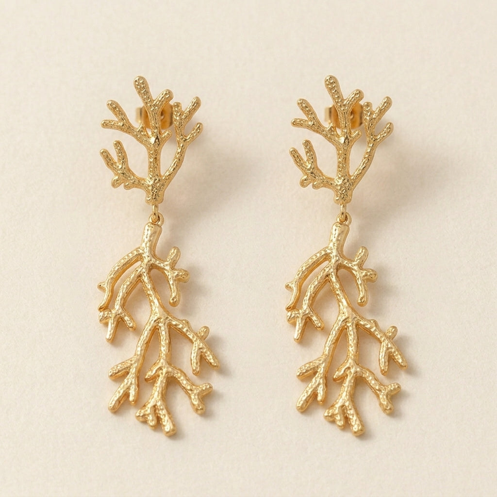 Golden Coral Branch Drop Earrings