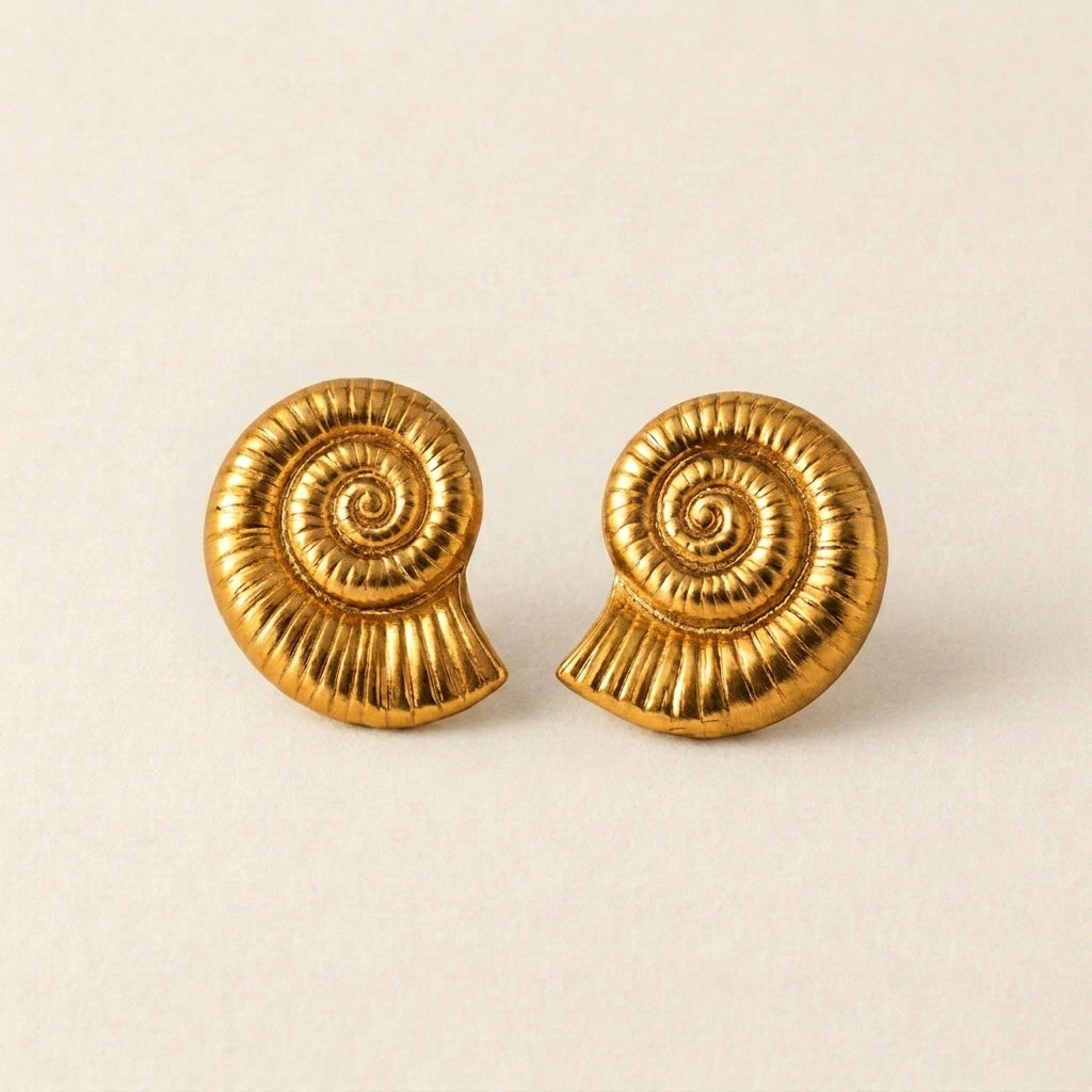 Gold Spiral Seashell Stud Earrings