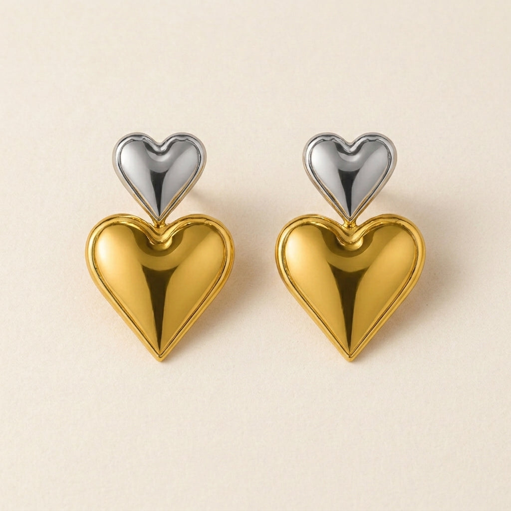 Two-Tone Double Heart Drop Earrings