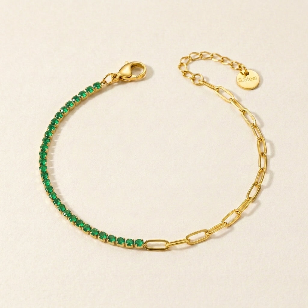Gold Half Tennis Half Paperclip Emerald Chain Bracelet