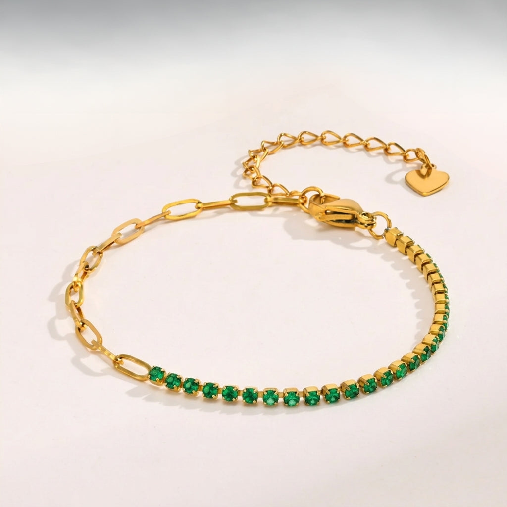Gold Half Tennis Half Paperclip Emerald Chain Bracelet