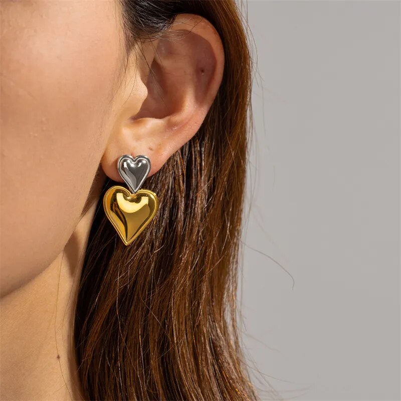 Two-Tone Double Heart Drop Earrings
