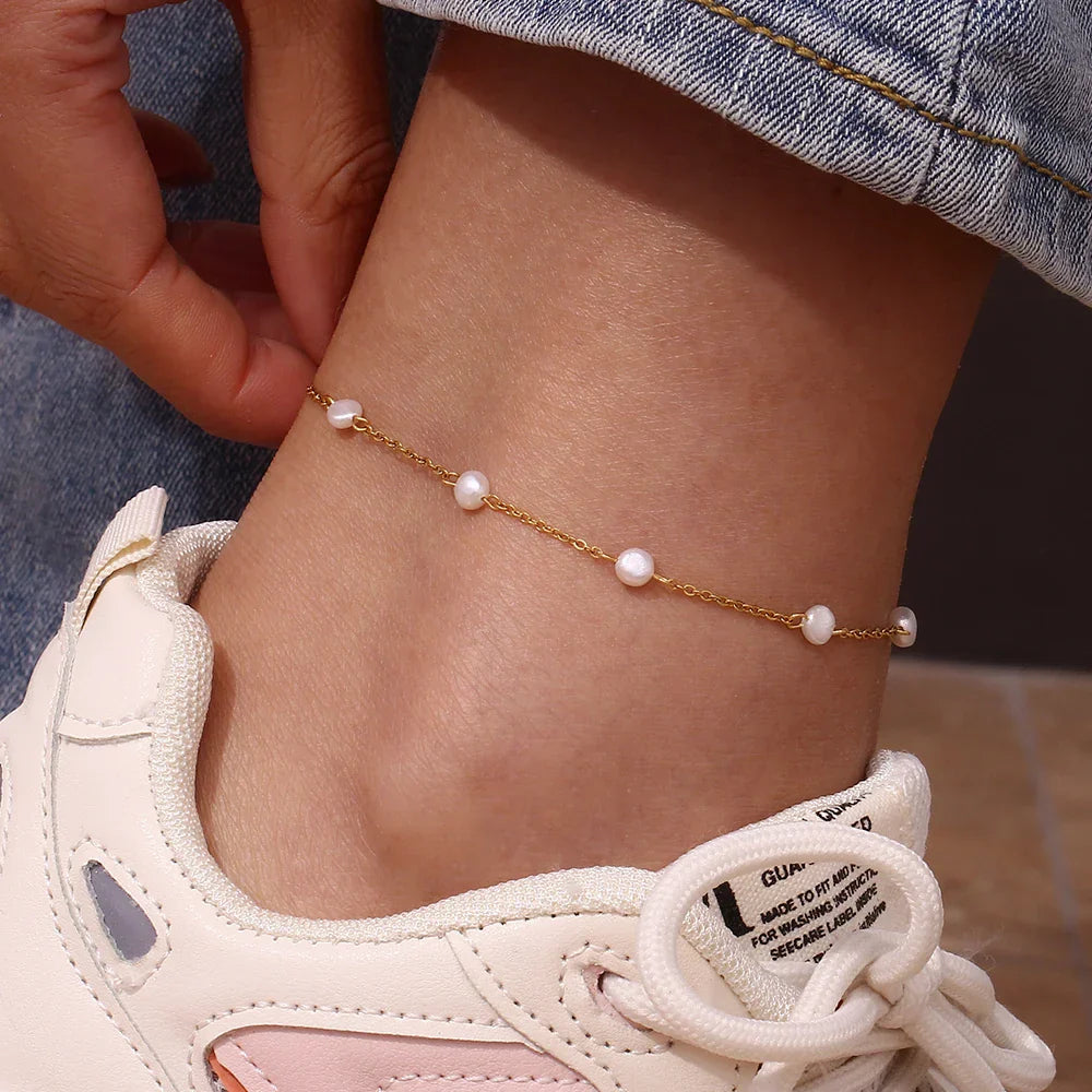 Gold Chain Pearl Station Anklet