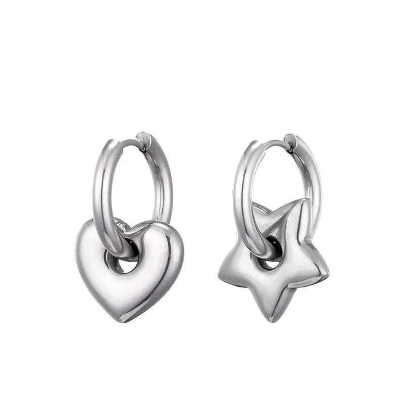 Silver Mismatched Gold Heart & Star Charm Huggie Hoop Earrings
