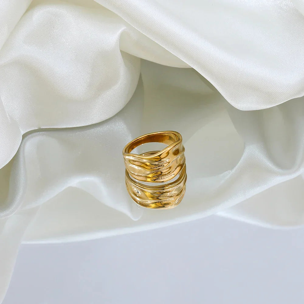 Gold Textured Wave Wide Band Ring