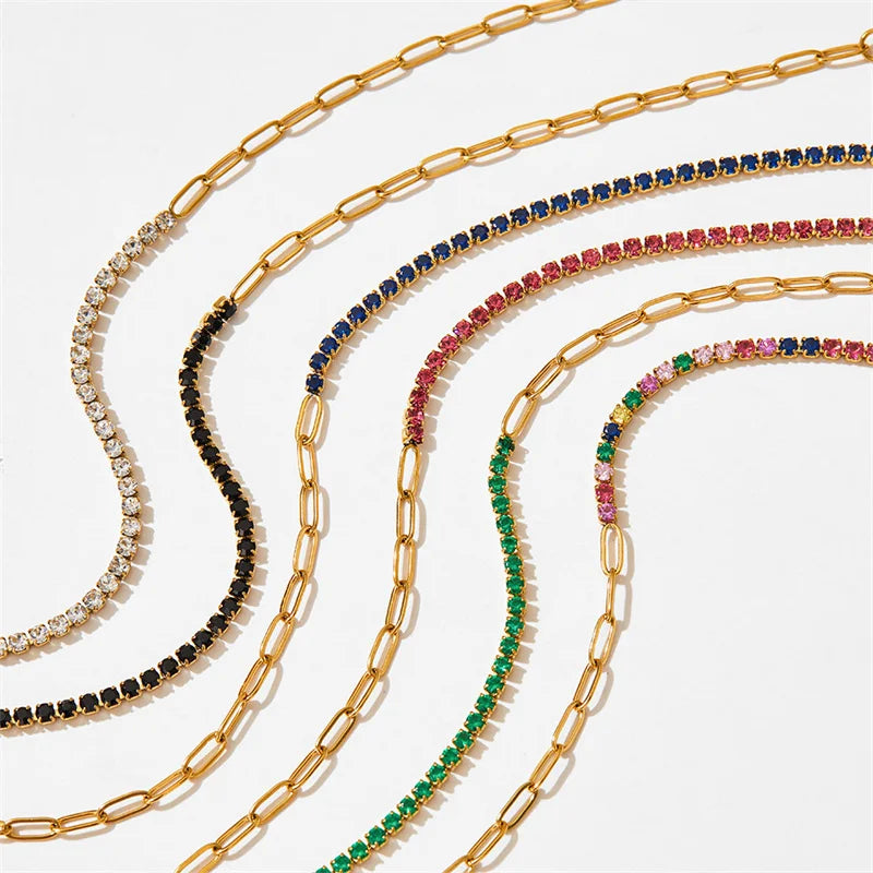 Gold Half Tennis Half Paperclip Emerald Chain Bracelet