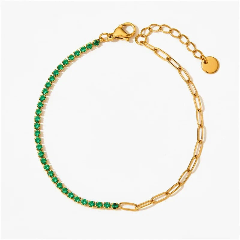 Gold Half Tennis Half Paperclip Emerald Chain Bracelet