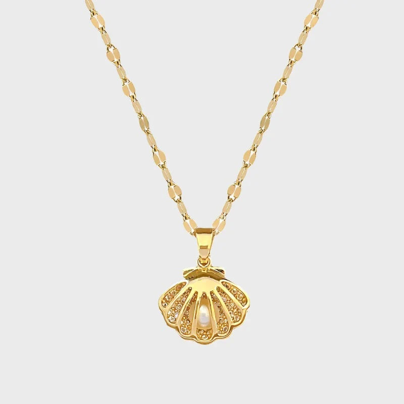 Gold Seashell Pearl Pendant Necklace