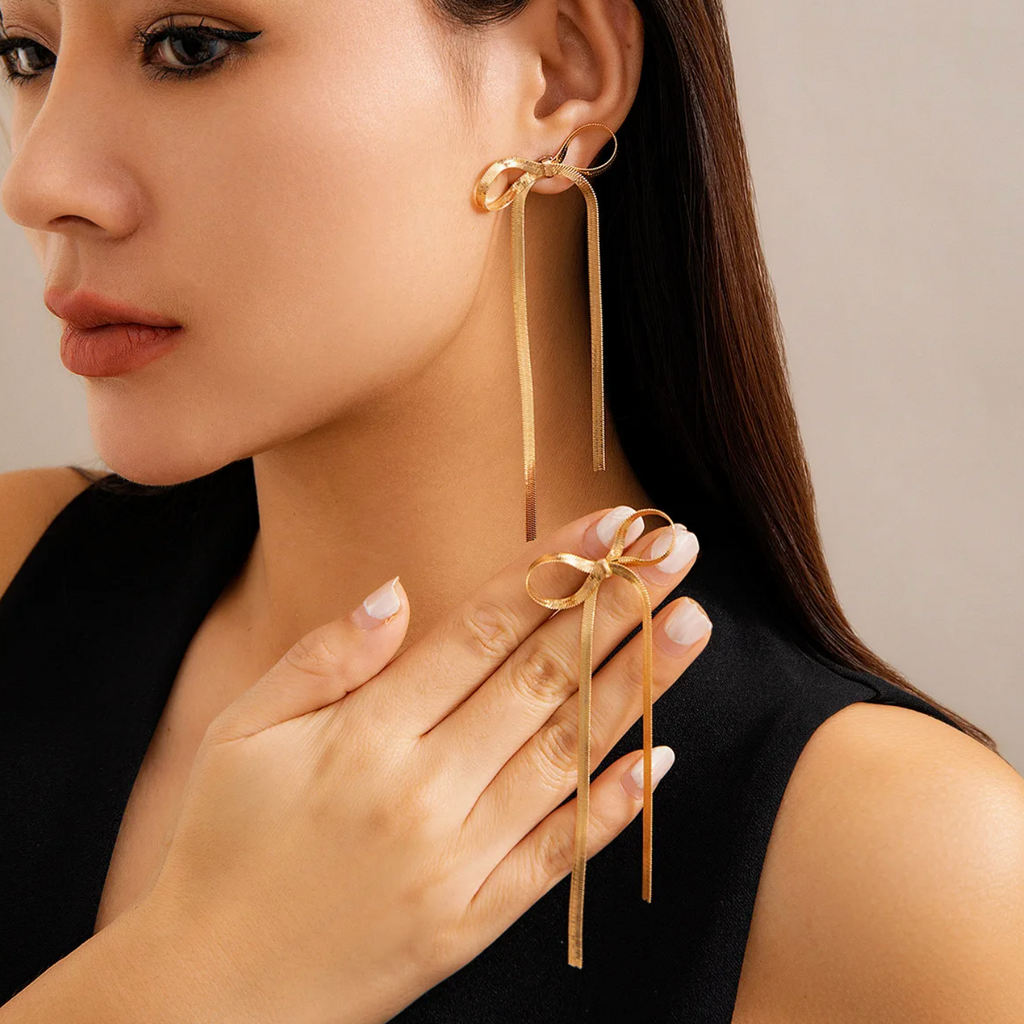 Gold Bow Ribbon Drop Earrings