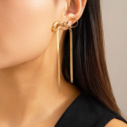 Gold Bow Ribbon Drop Earrings