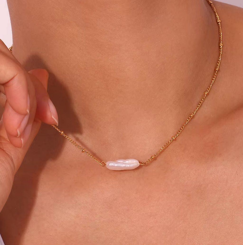 Gold Beaded Chain Baroque Pearl Necklace