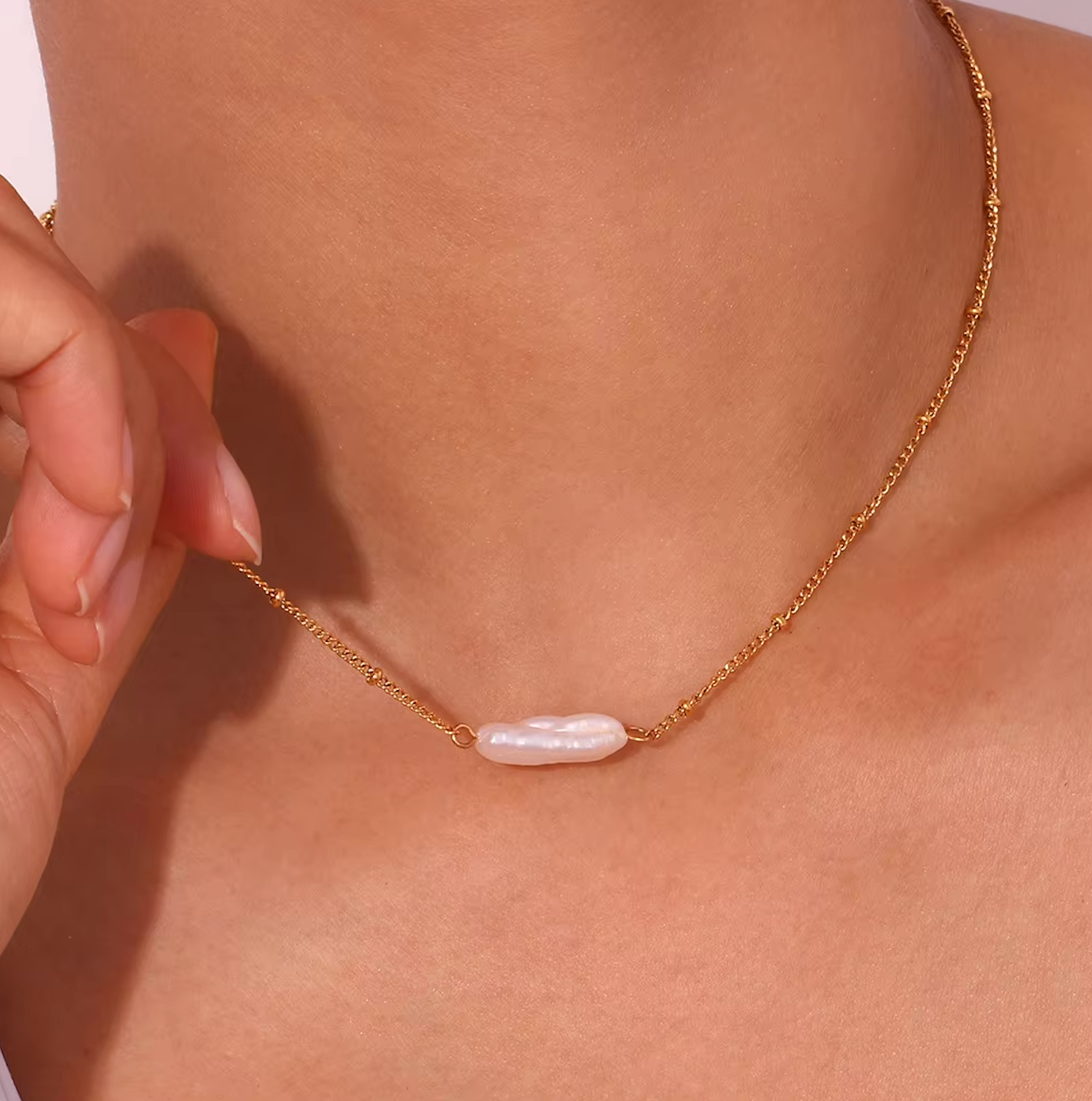 Gold Beaded Chain Baroque Pearl Necklace