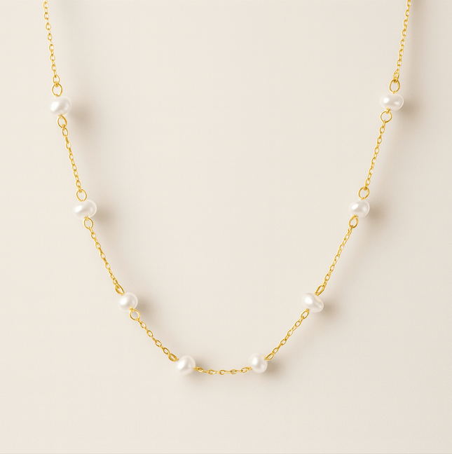 Gold Chain Pearl Station Necklace
