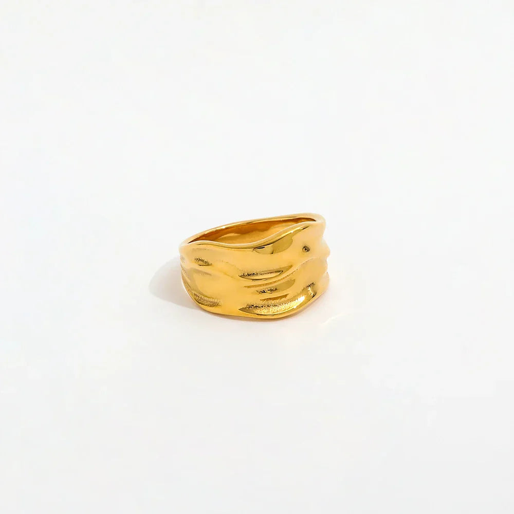Gold Textured Wave Wide Band Ring