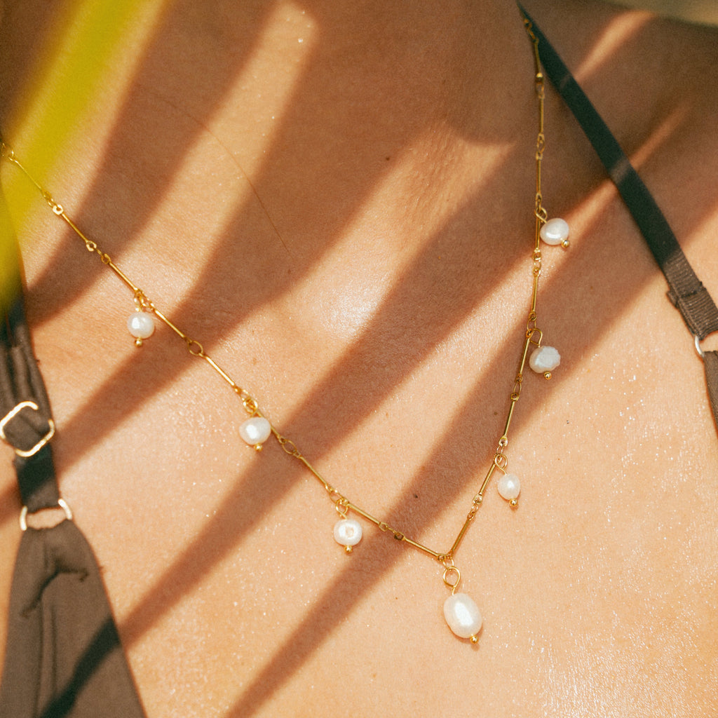 Gold Dangling Pearl Drop Necklace