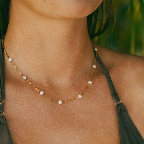 Gold Chain Pearl Station Necklace