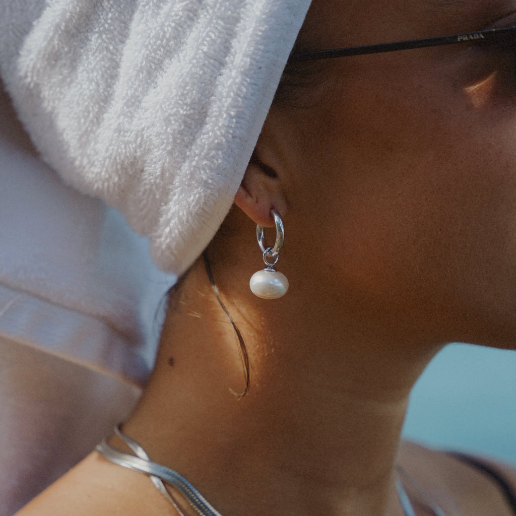 Lustre Drop Silver Huggie Earrings