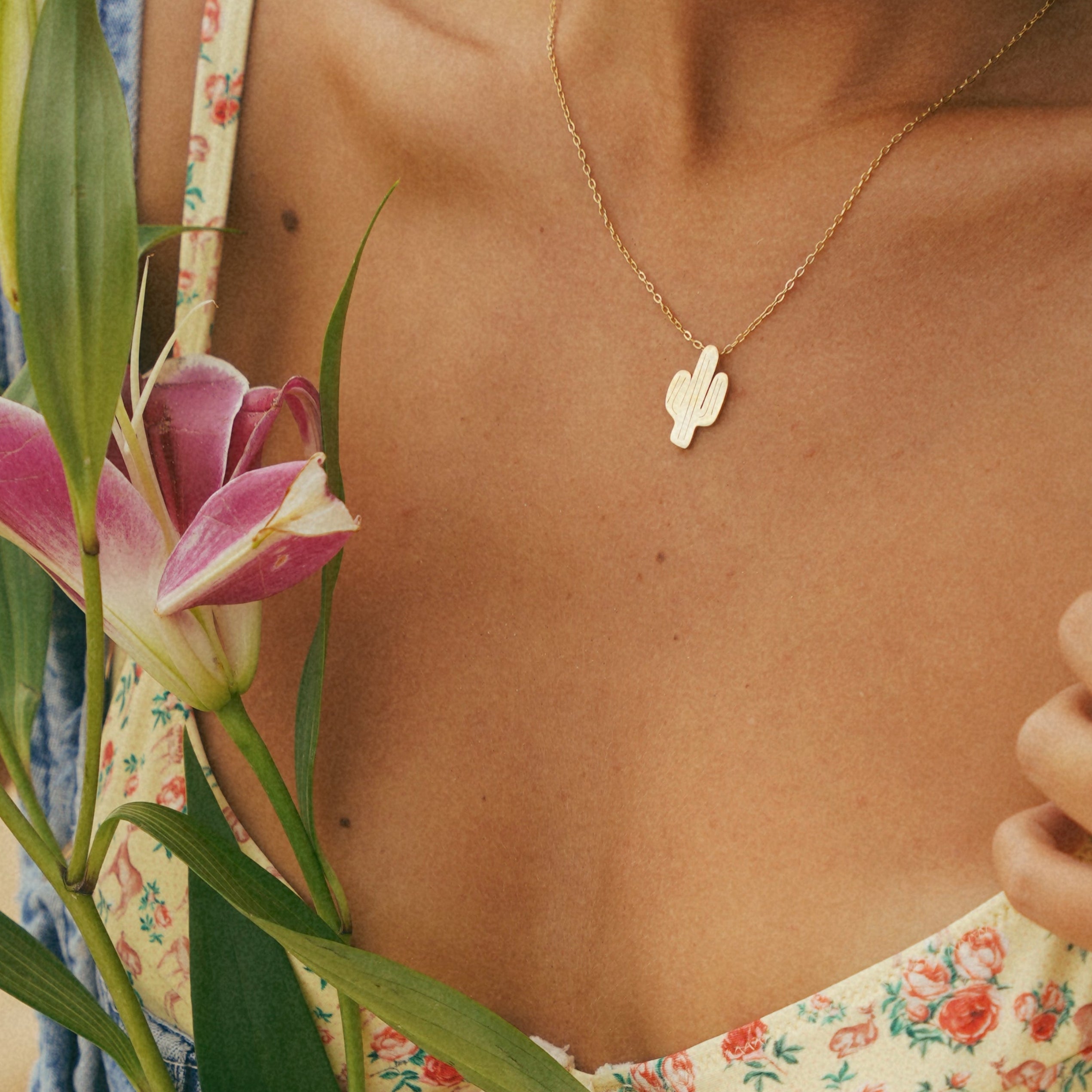 Gold Cactus Pendant Necklace