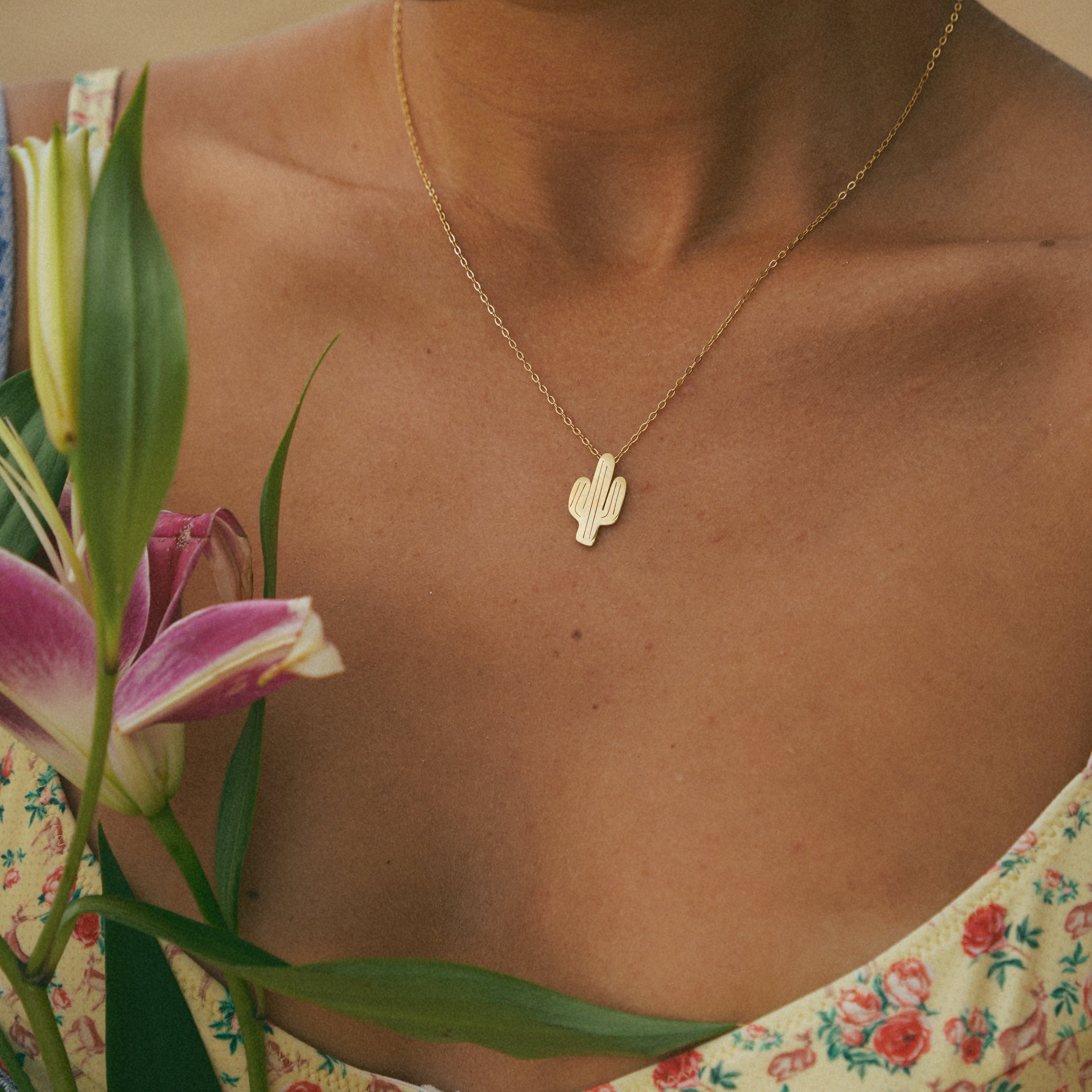 Gold Cactus Pendant Necklace