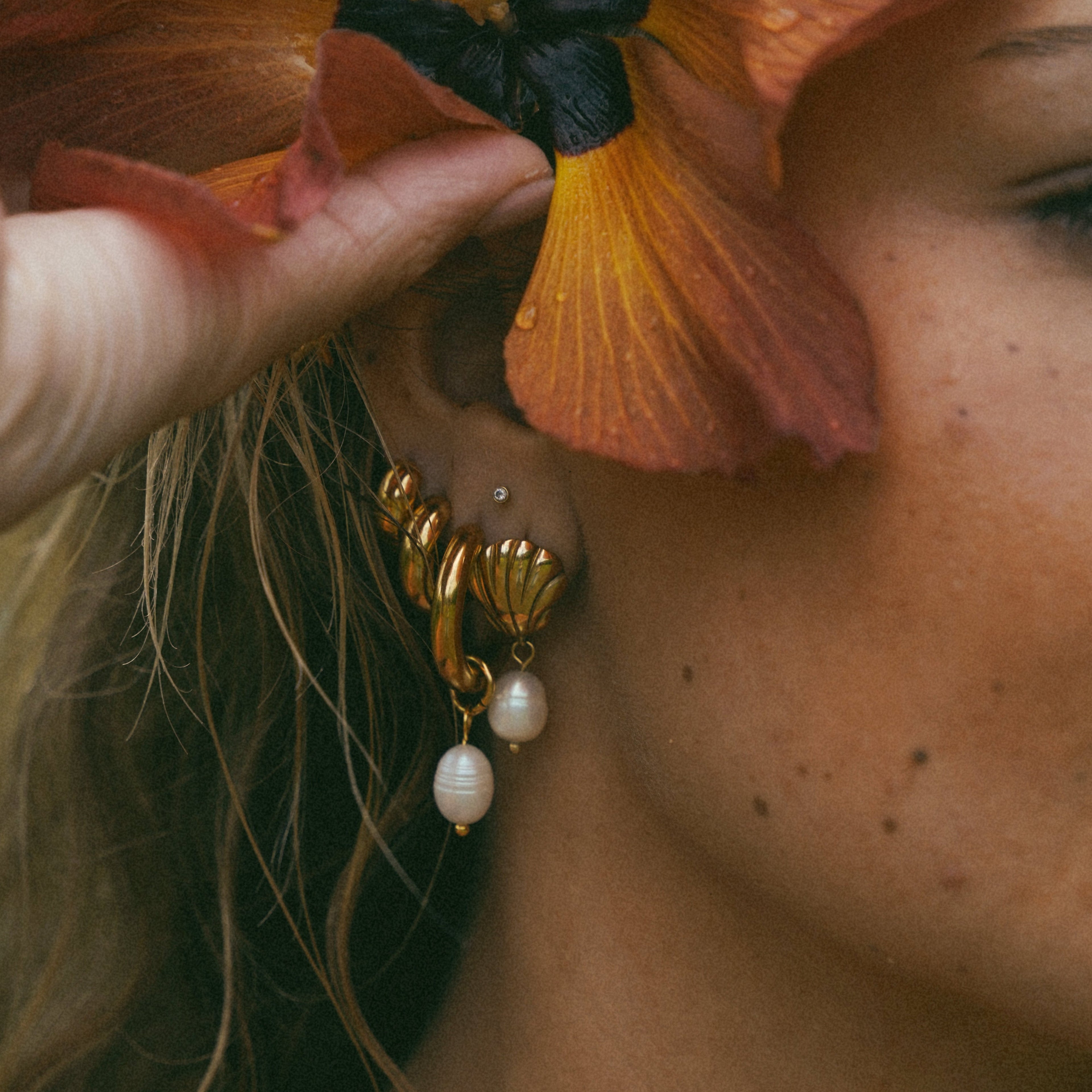 Gold Shell Pearl Drop Earrings